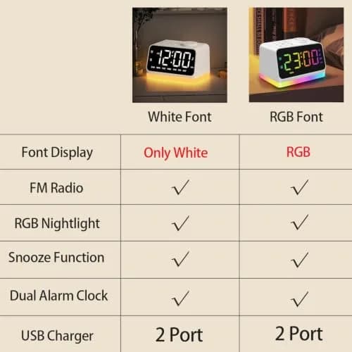 JALL Digital Alarm Clock with FM Radio, 8 Colors Night Light, Dual Alarm, Timer, USB Charging, Large Display (White with White Font) thumbnail 5