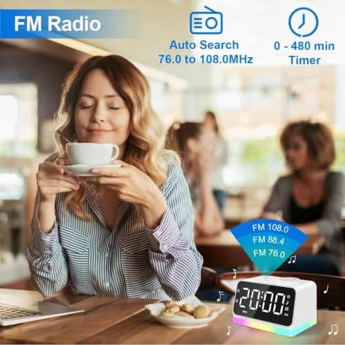 JALL Digital Alarm Clock with FM Radio, 8 Colors Night Light, Dual Alarm, Timer, USB Charging, Large Display (White with White Font) thumbnail 6