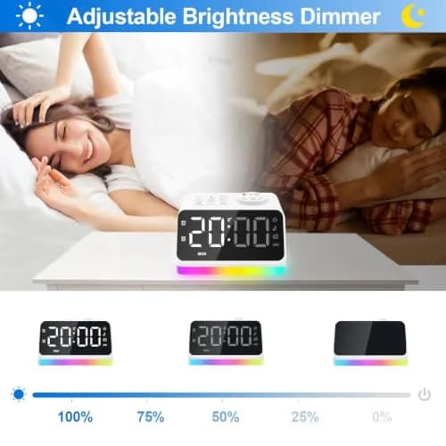 JALL Digital Alarm Clock with FM Radio, 8 Colors Night Light, Dual Alarm, Timer, USB Charging, Large Display (White with White Font) thumbnail 2