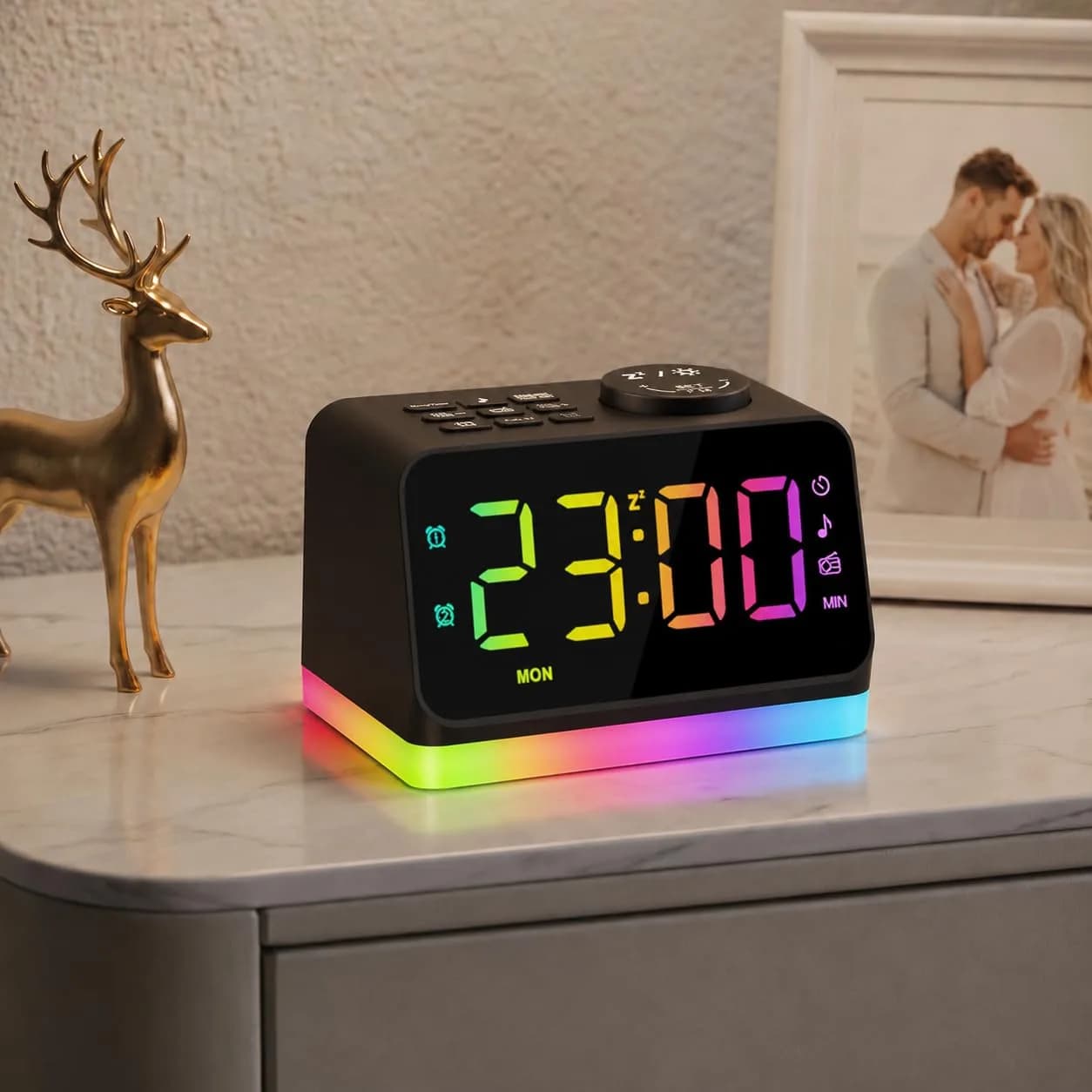 JALL Digital Alarm Clock with FM Radio, 8 Colors Night Light, Dual Alarm, Loud Alarm, Seniors Gift | Easy to Use, Compact — Black With Rgb Font