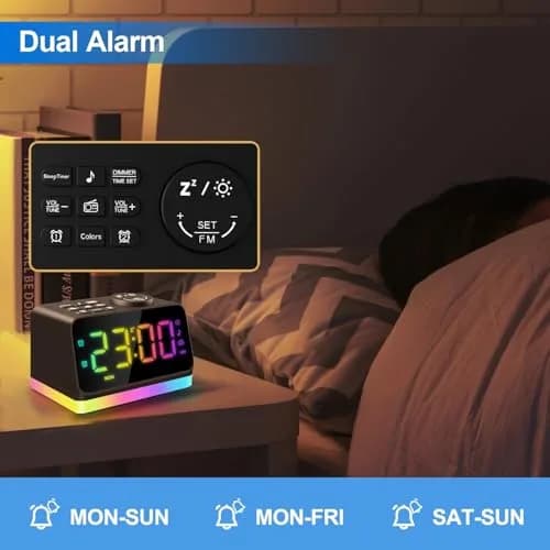 JALL Digital Alarm Clock with FM Radio, 8-Color Night Light, Timer, Dual Alarm, USB Charging, Large Display, for Bedroom (Black with RGB Font) thumbnail 4