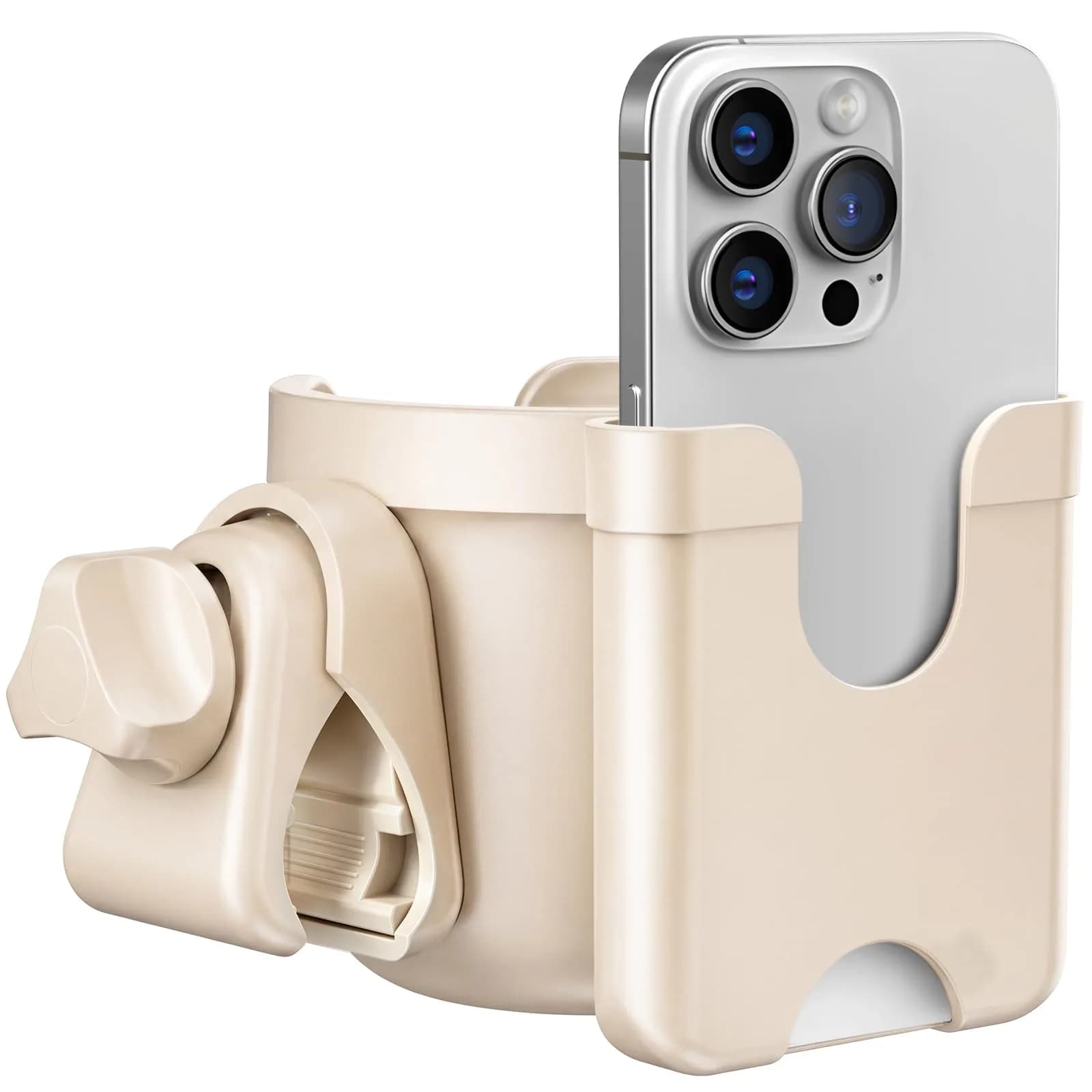 Guiseapue Universal Cup Holder with Phone Mount | Fits Strollers, Walkers, Bikes, Carts (Beige)