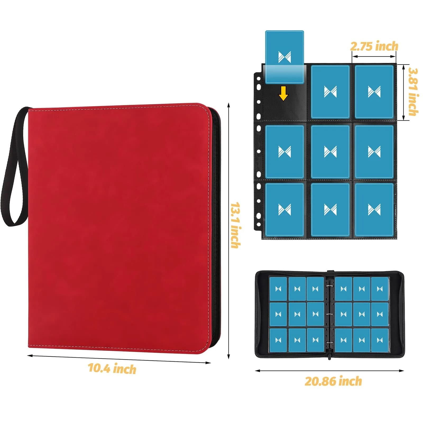 GERMUN 3 Ring 9 Pocket Zipper Card Binder with Wrist Strap, 720 Double Sided Standard Card Album Folder (Marble Texture Red, 40 Pages) - main product image