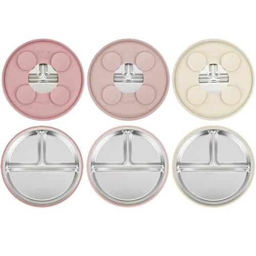 PandaEar 3 Pack Stainless Steel Baby Suction Plates | Divided Toddler Plate for Baby Led Weaning, Non-Slip, Dishwasher Safe (Pink/Linen/Light Pink) thumbnail 1