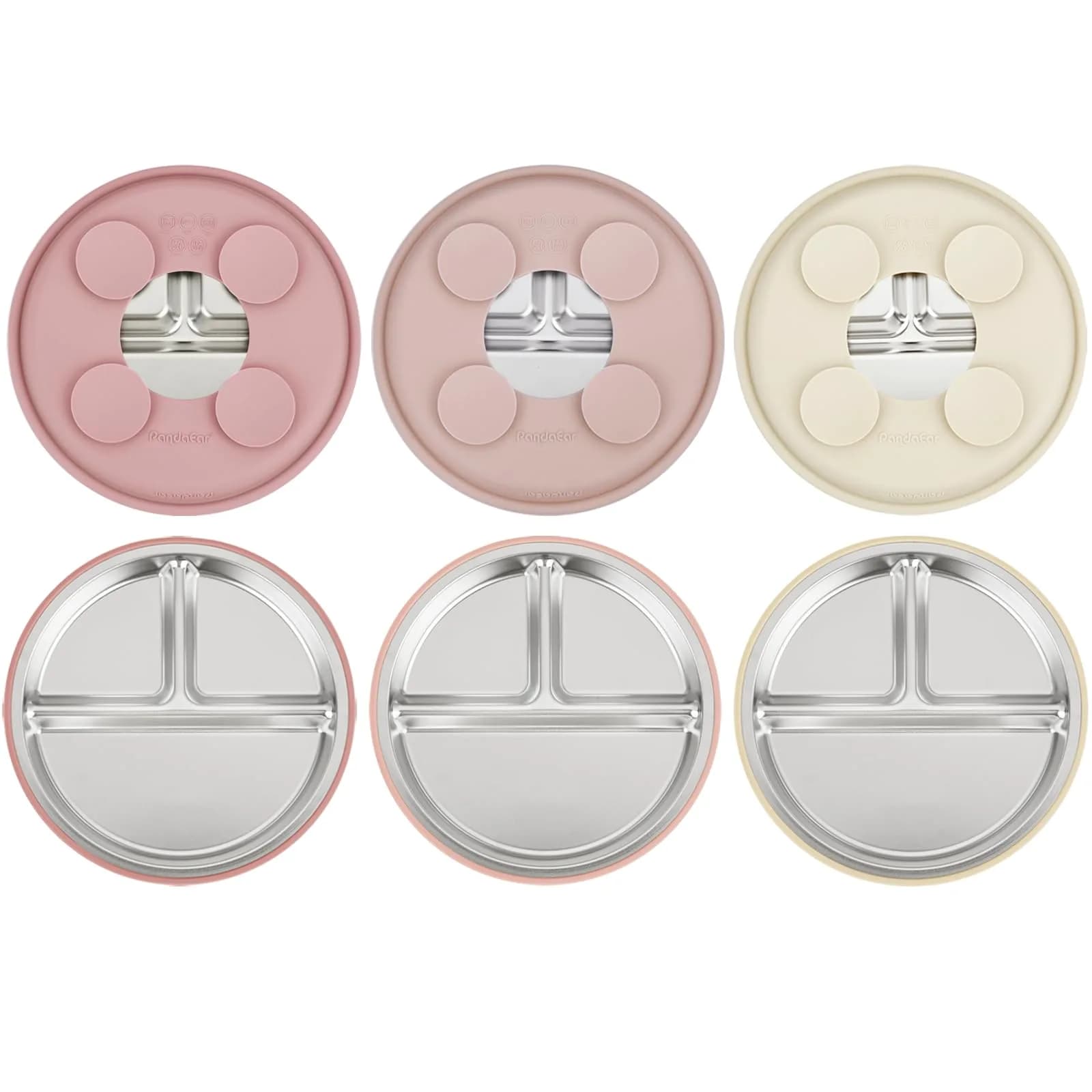 PandaEar 3 Pack Stainless Steel Baby Suction Plates | Divided Toddler Plate for Baby Led Weaning, Non-Slip, Dishwasher Safe (Pink/Linen/Light Pink)