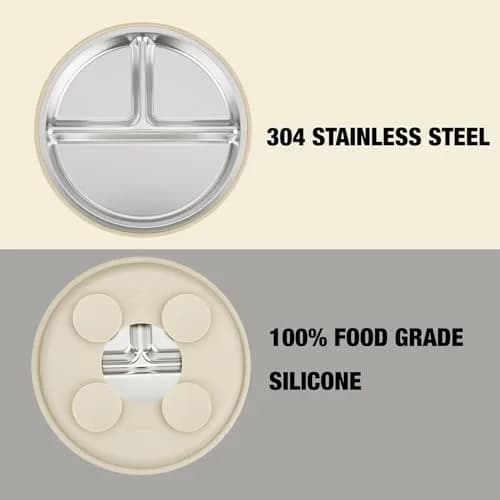 PandaEar 3 Pack Stainless Steel Baby Suction Plates | Divided Toddler Plate for Baby Led Weaning, Non-Slip, Dishwasher Safe (Pink/Linen/Light Pink) thumbnail 3