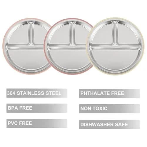 PandaEar 3 Pack Stainless Steel Baby Suction Plates | Divided Toddler Plate for Baby Led Weaning, Non-Slip, Dishwasher Safe (Pink/Linen/Light Pink) thumbnail 4