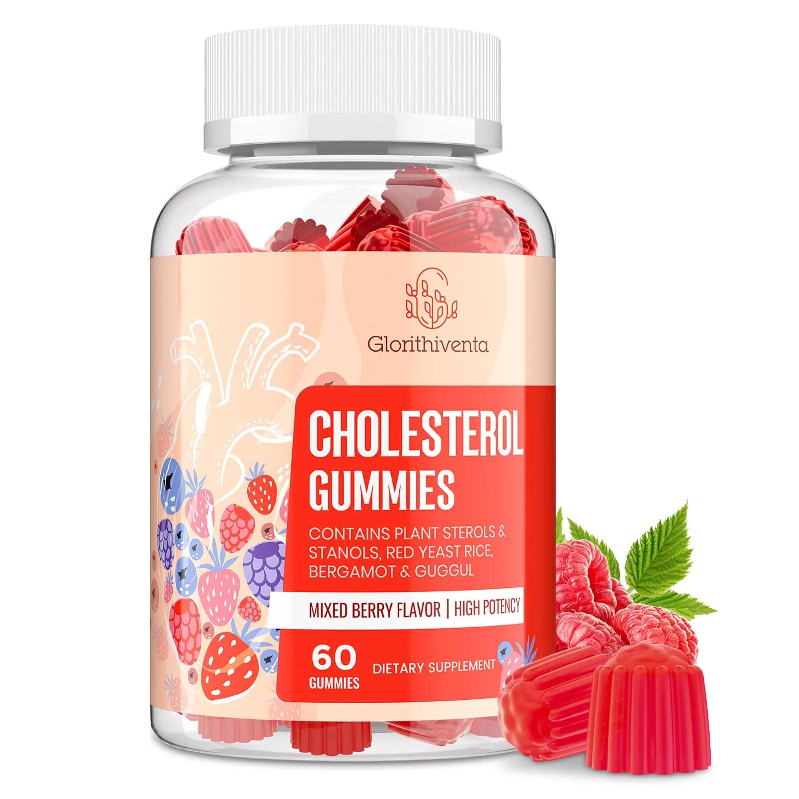 Glorithiventa Cholesterol Supplement Gummies 60 Count | Plant Sterols & Stanols, Red Yeast Rice, Bergamot Extract, Guggul, Mixed Berry Flavor - main product image
