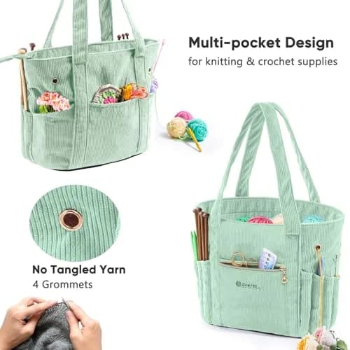 MYBAGZING Corduroy Crochet Bag 11.5" Large Yarn Storage Tote with Grommets | Stylish & Spacious Yarn Organizer for Knitters & Crocheters thumbnail 4