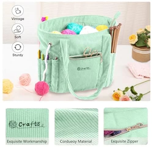 MYBAGZING Corduroy Crochet Bag 11.5" Large Yarn Storage Tote with Grommets | Stylish & Spacious Yarn Organizer for Knitters & Crocheters thumbnail 6