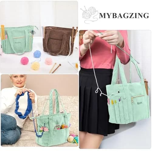 MYBAGZING Corduroy Crochet Bag 11.5" Large Yarn Storage Tote with Grommets | Stylish & Spacious Yarn Organizer for Knitters & Crocheters thumbnail 7