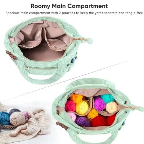 MYBAGZING Corduroy Crochet Bag 11.5" Large Yarn Storage Tote with Grommets | Stylish & Spacious Yarn Organizer for Knitters & Crocheters thumbnail 3