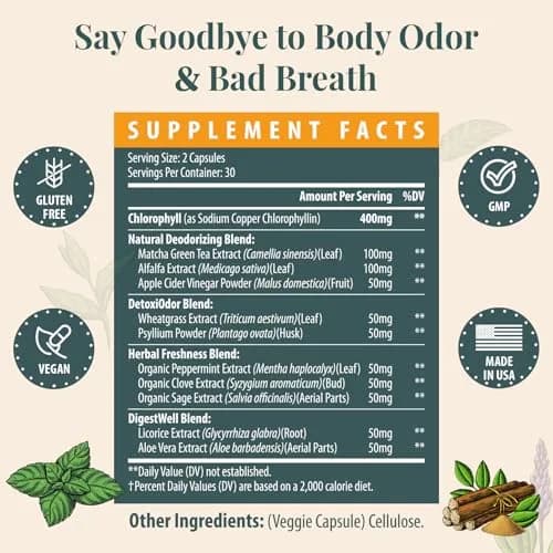 Flarovexarith Women's Body Deodorizing Supplement – Chlorophyll Capsules for Odor, Breath & Gut Detox (60 Caps) | Vegan with Matcha & Apple Cider Vinegar thumbnail 8