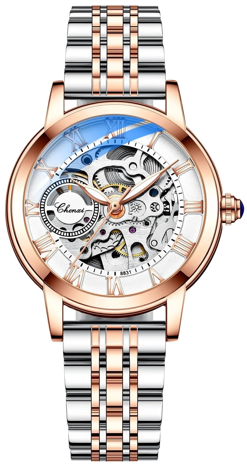 MASTOP Women's Sapphire Watches Automatic Steampunk Self Winding Mechanical Gold Bracelet 34mm | Skeleton Wrist Watch Leather Strap - main product image