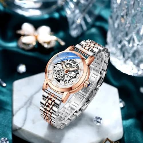 MASTOP Women's Sapphire Watches Automatic Steampunk Self Winding Mechanical Gold Bracelet 34mm | Skeleton Wrist Watch Leather Strap thumbnail 4