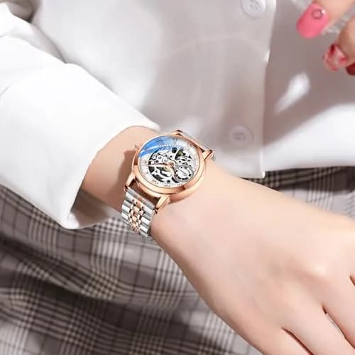 MASTOP Women's Sapphire Watches Automatic Steampunk Self Winding Mechanical Gold Bracelet 34mm | Skeleton Wrist Watch Leather Strap thumbnail 5
