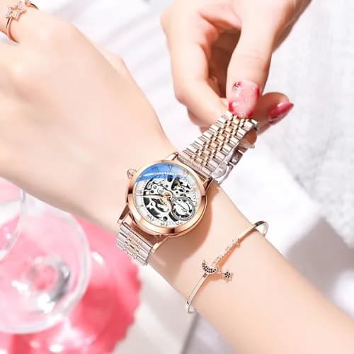 MASTOP Women's Sapphire Watches Automatic Steampunk Self Winding Mechanical Gold Bracelet 34mm | Skeleton Wrist Watch Leather Strap thumbnail 7