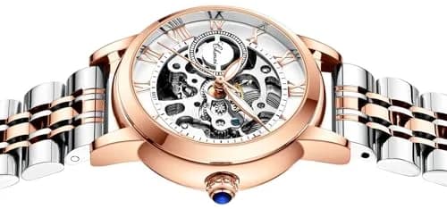 MASTOP Women's Sapphire Watches Automatic Steampunk Self Winding Mechanical Gold Bracelet 34mm | Skeleton Wrist Watch Leather Strap thumbnail 2