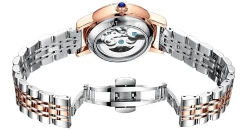 MASTOP Women's Sapphire Watches Automatic Steampunk Self Winding Mechanical Gold Bracelet 34mm | Skeleton Wrist Watch Leather Strap thumbnail 3