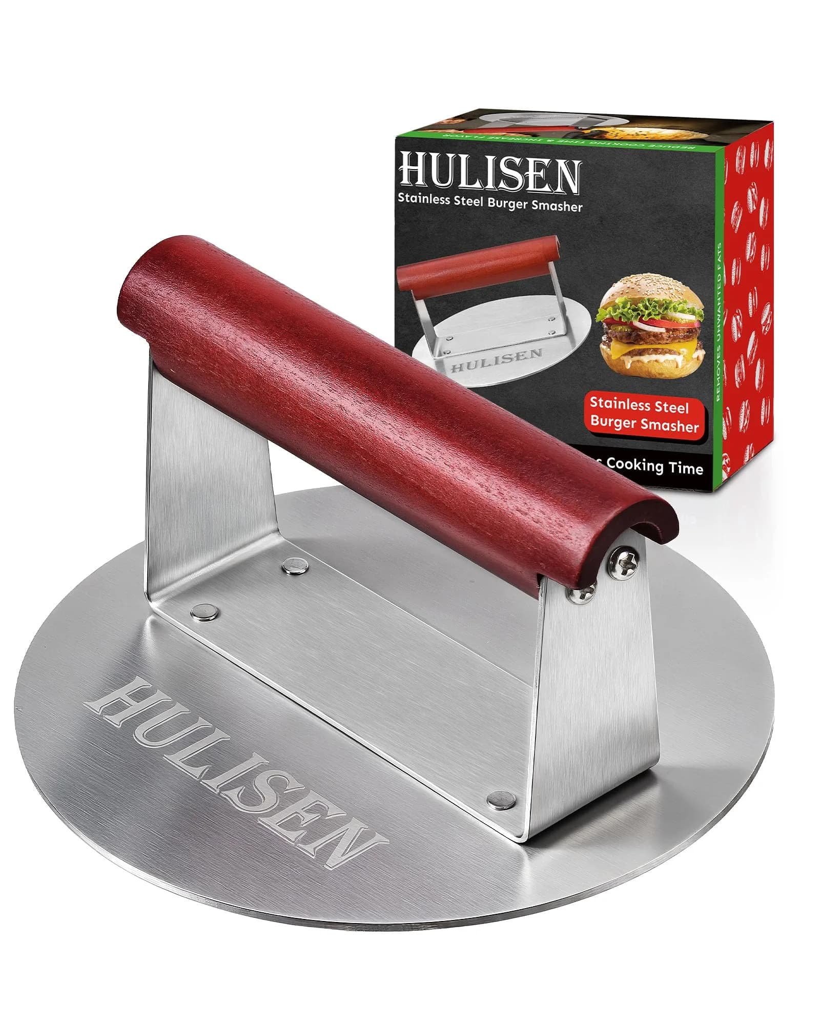 HULISEN Stainless Steel Burger Press 6.2-Inch Round | Flat, Non-Stick, Dishwasher Safe — 6.2 inch with Wood Handle