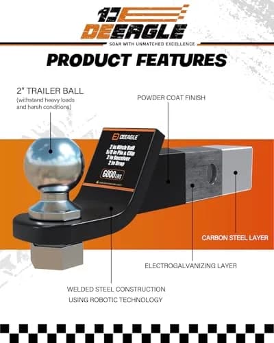 DEEAGLE 2 in Ball Hitch Heavy Duty Steel Receiver Hitch | 2" Drop & 6000 lbs Capacity thumbnail 2