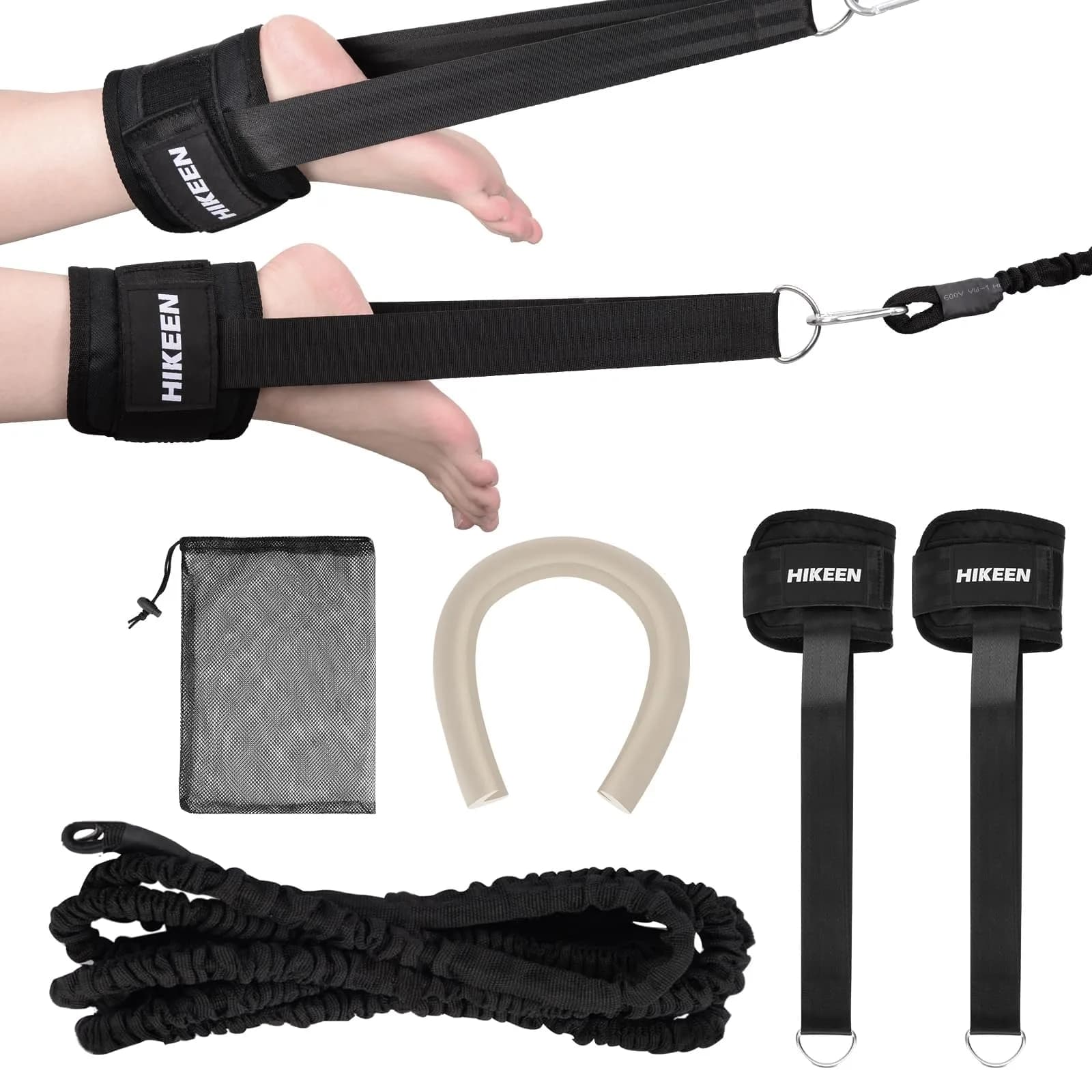 Hikeen Swim Ankle Straps 4M Swimming Tether with Metal Buckle & Bumper Strips | Stationary Training Leash for Adults — Black