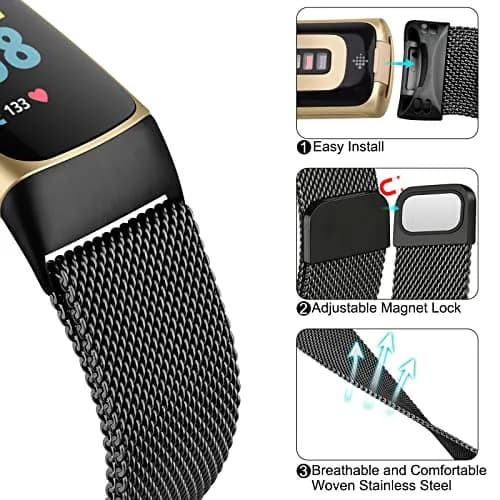 Meliya Stainless Steel Mesh Watch Band for Fitbit Charge 6 | Adjustable Magnetic Strap (Black) thumbnail 3