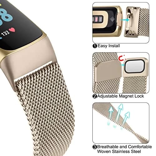 Meliya Fitbit Charge 6 Bands Stainless Steel Mesh Loop Adjustable Magnetic Wristband Champagne | Compatible & Durable thumbnail 3