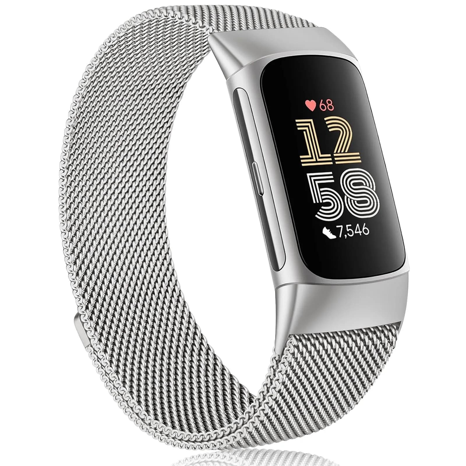 Meliya Fitbit Charge 6 Bands Stainless Steel Mesh Loop Rose Gold | Adjustable Magnetic Wristband — Silver