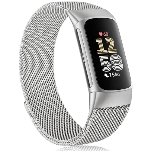 Meliya Stainless Steel Watch Band for Fitbit Charge 6 | Adjustable Magnetic Mesh Strap (Silver) thumbnail 1