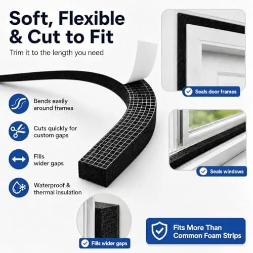 Bantie EVA Foam Weather Stripping Door Seal 10mm (1/2"×1/4") 10m (33ft) Black | Self-Adhesive for Doors & Windows thumbnail 3