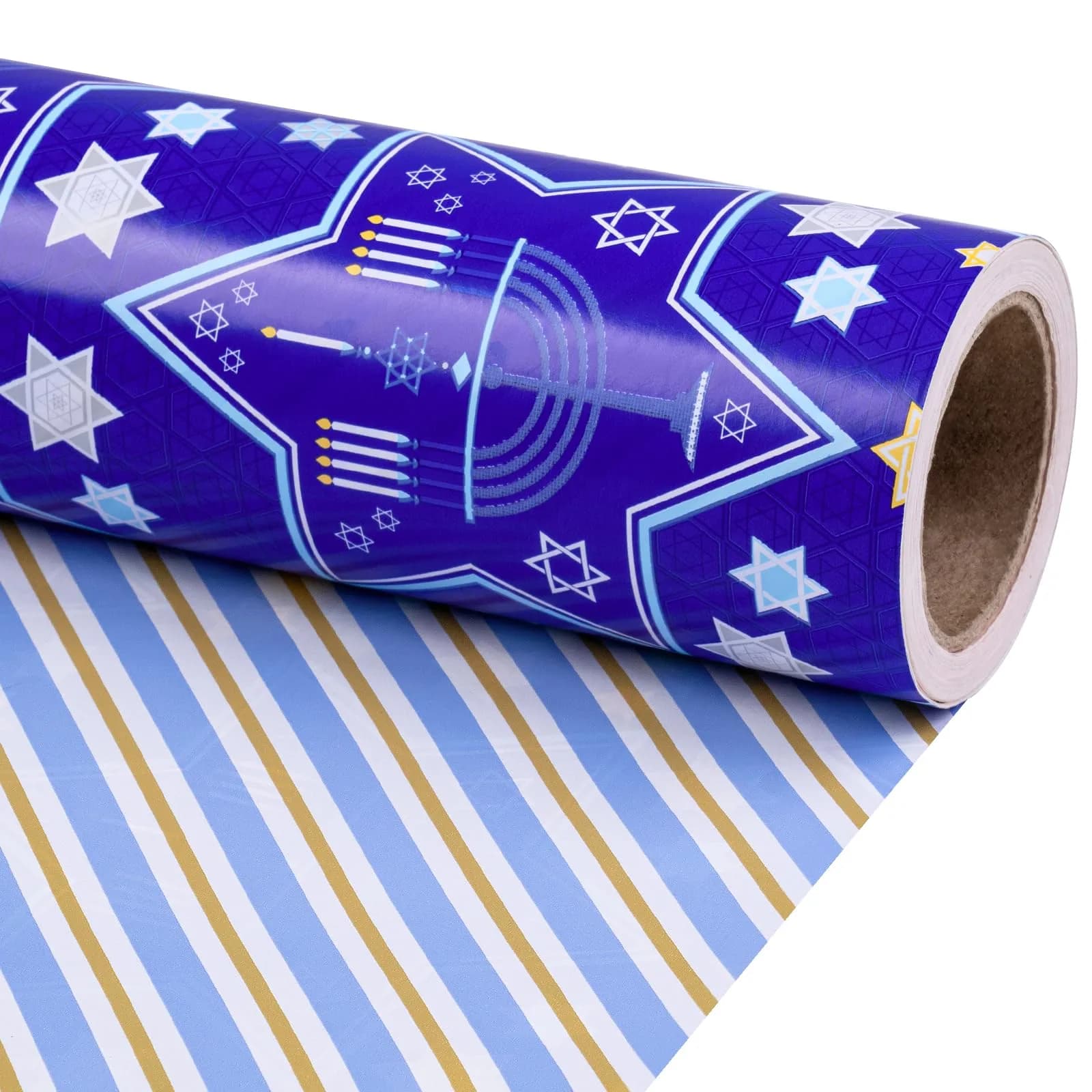 RUSPEPA Reversible Gift Wrap Paper Roll 30 in x 32.8 ft | Blue Star of David & Menorah Design, Jumbo Hanukkah & Christmas Gift Wrap - main product image