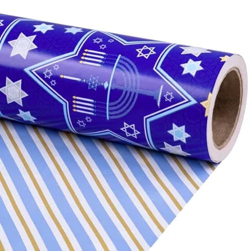 RUSPEPA Reversible Gift Wrap Paper Roll 30 in x 32.8 ft | Blue Star of David & Menorah Design, Jumbo Hanukkah & Christmas Gift Wrap thumbnail 1
