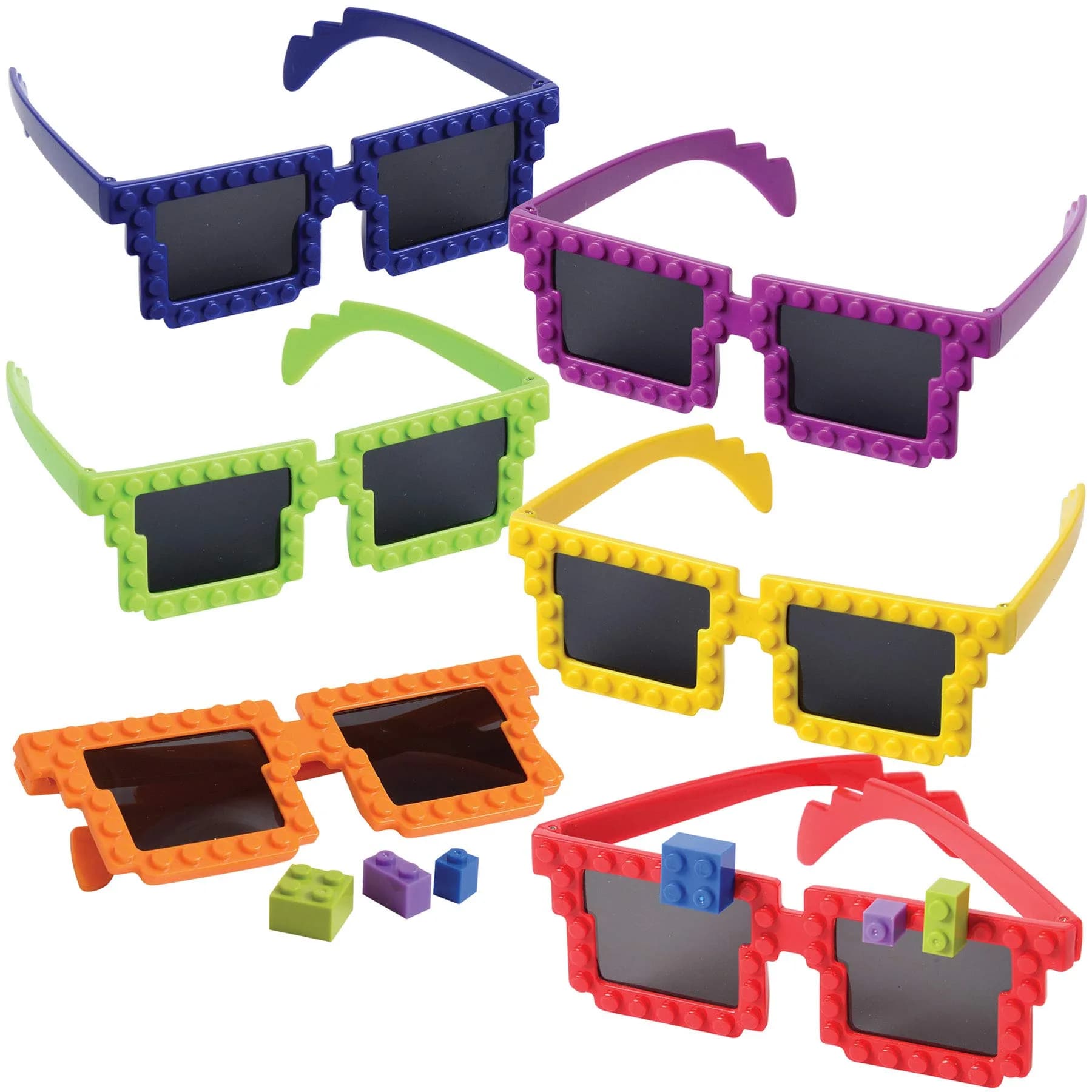 Bedwina Building Blocks Sunglasses (6-Pack) Neon Kids Party Favors | Creative DIY Design — Red, Blue, Green, Purple, Orange