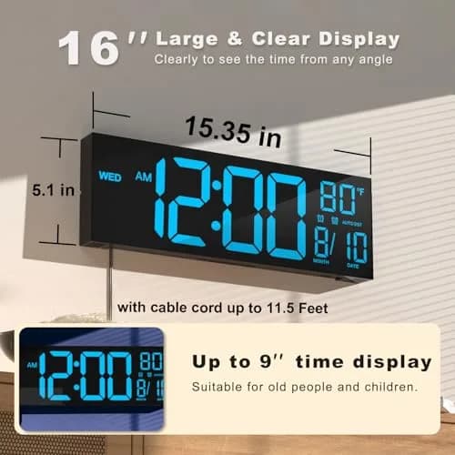 JALL 16" Digital Wall Clock with Timer & Alarm | Large LED Display, DST, Temperature, Blue thumbnail 2
