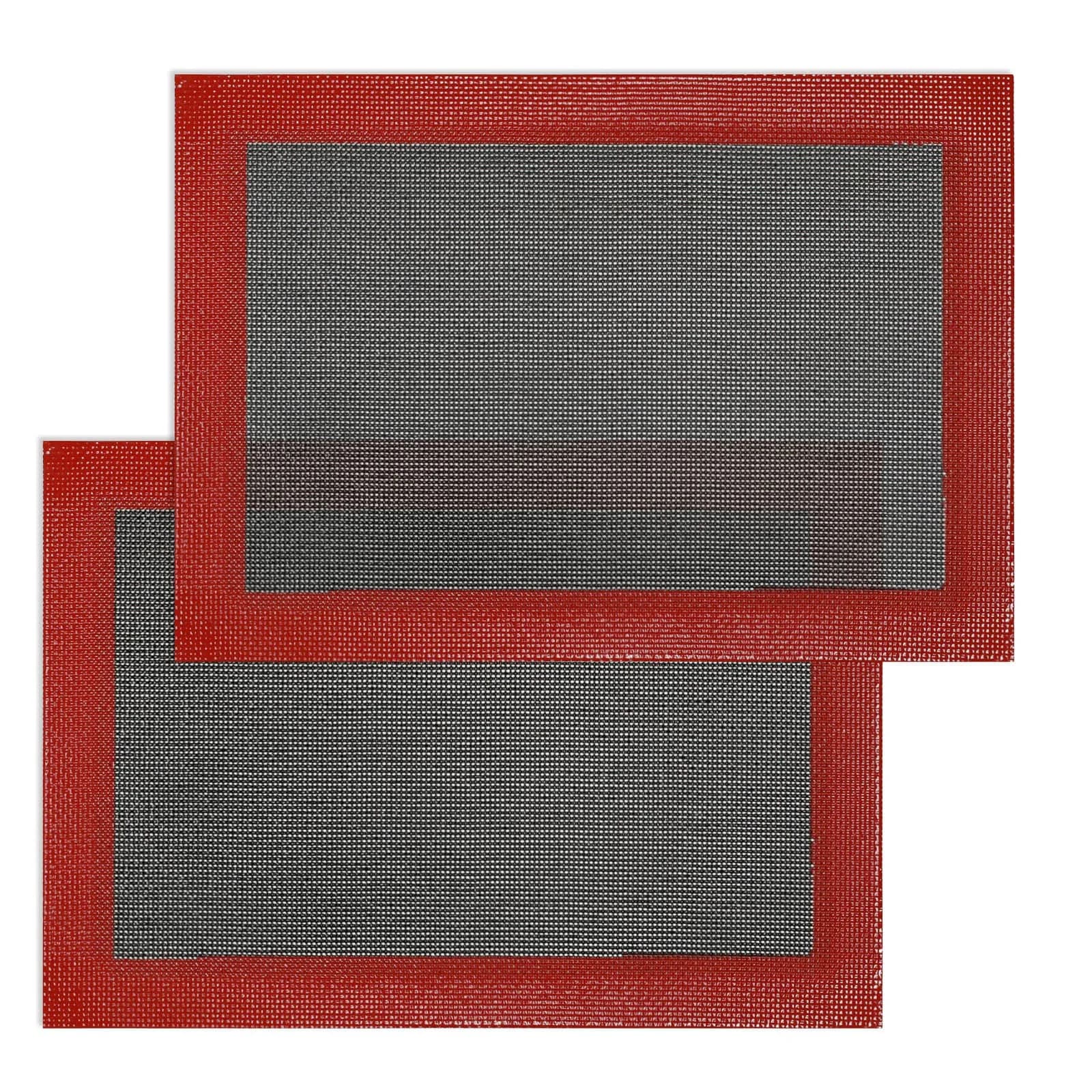 Amyandone Perforated Silicone Baking Mats for Quarter Sheet 2 Pcs | Non-Stick, Reusable, 8.3x11.8 inch, Compatible with 9x13 Cookie Sheet — Black Background with Red Trim