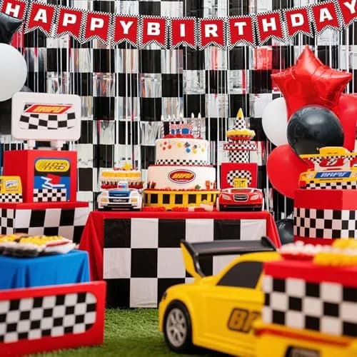 Simaya Race Car Party Decoration 1 Pack | Checkered Fringe Curtains for Race Car Theme Kids Party thumbnail 6