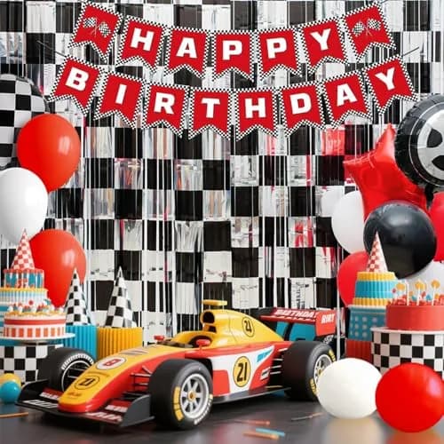 Simaya Race Car Party Decoration 1 Pack | Checkered Fringe Curtains for Race Car Theme Kids Party thumbnail 7