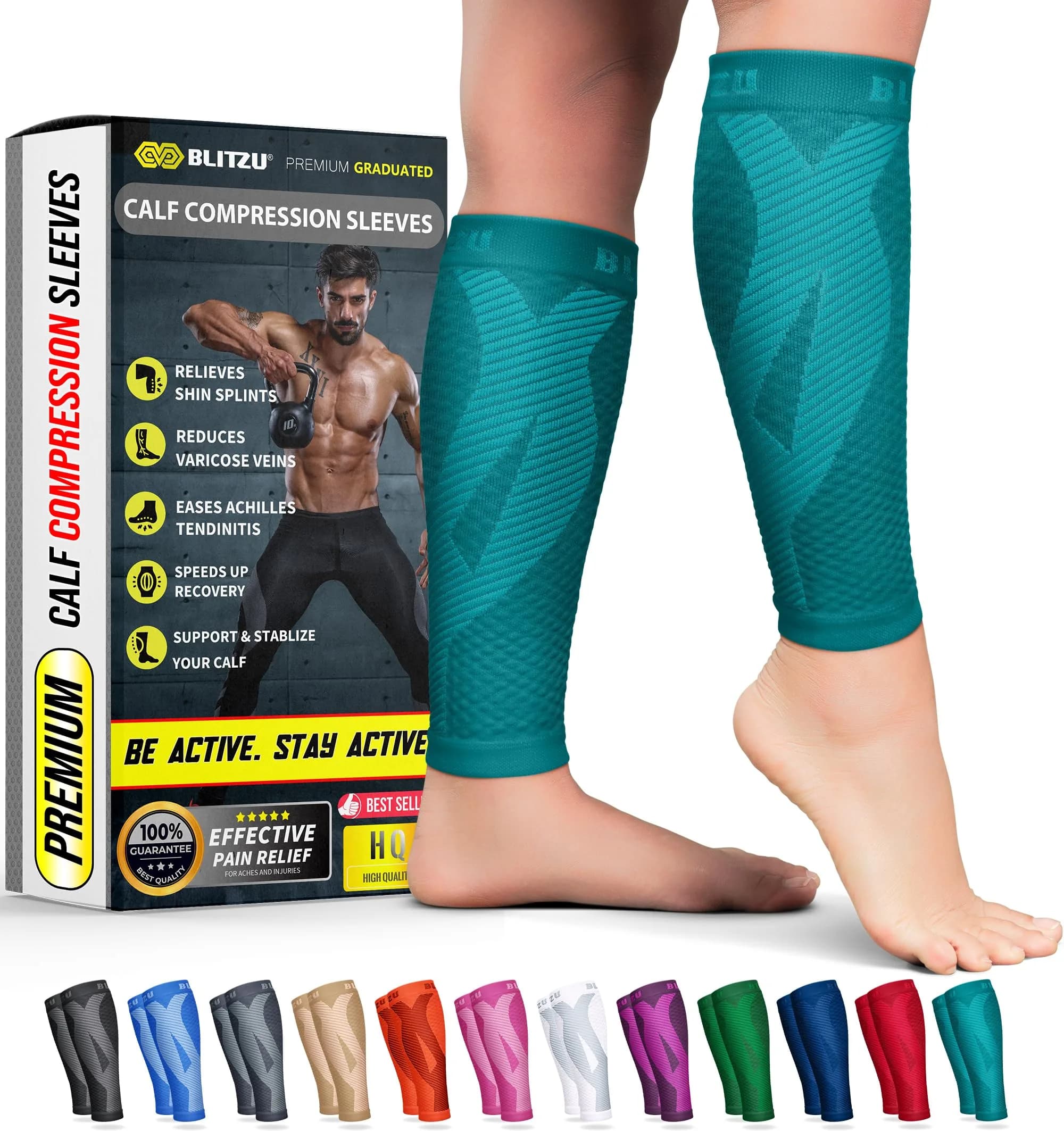 BLITZU Teal Calf Compression Sleeves for Small/Medium Legs | Orthopedic Brace for Shin Splints & Varicose Veins
