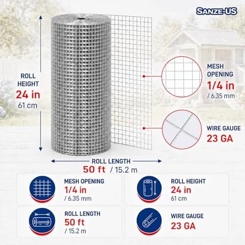 SANZEUS Hardware Cloth 1/4 Inch 24in x 50ft | Durable Galvanized Steel Mesh for Garden & Animal Protection thumbnail 2