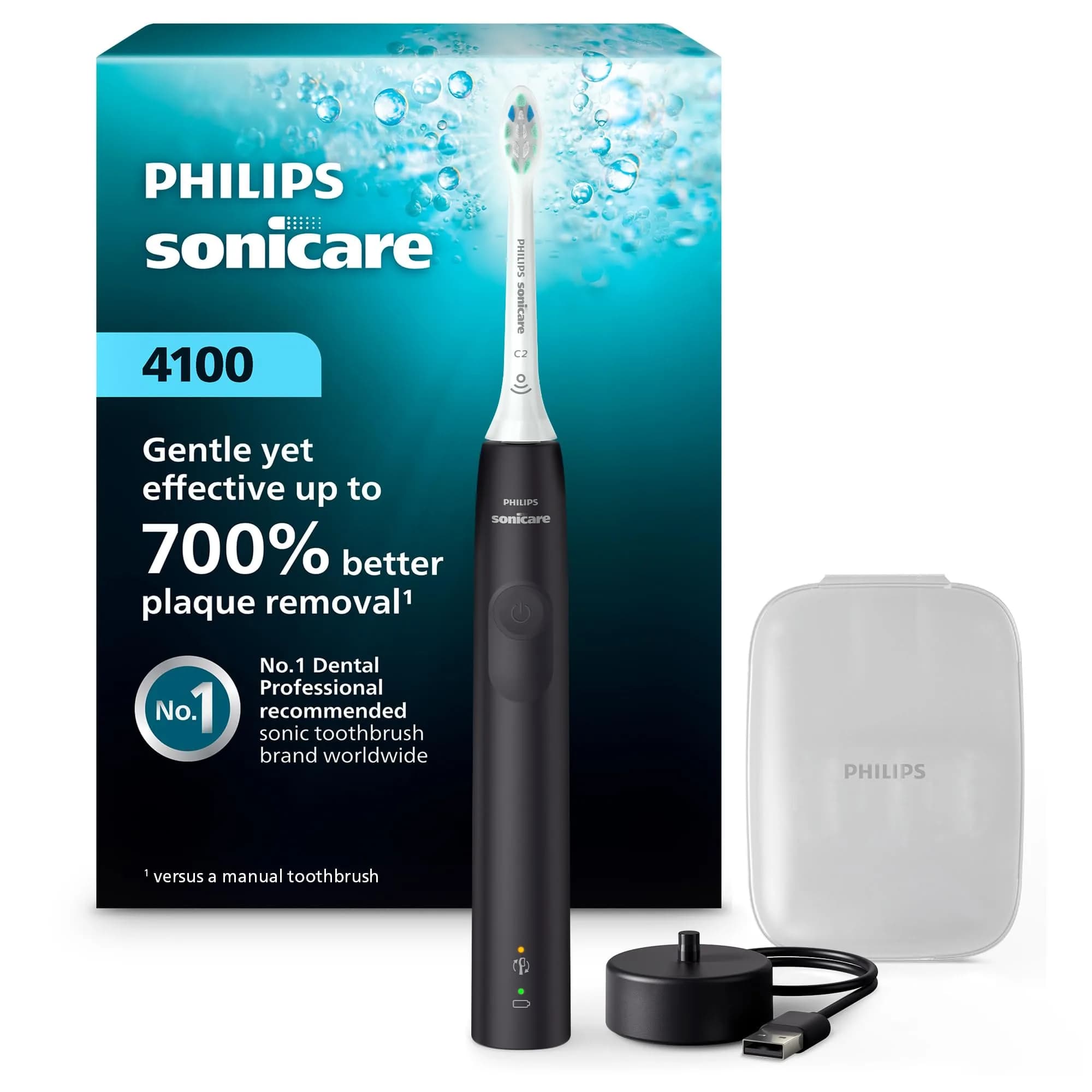 Philips Sonicare 4100 Rechargeable Electric Toothbrush with C2 Brush Head & Travel Case, Black