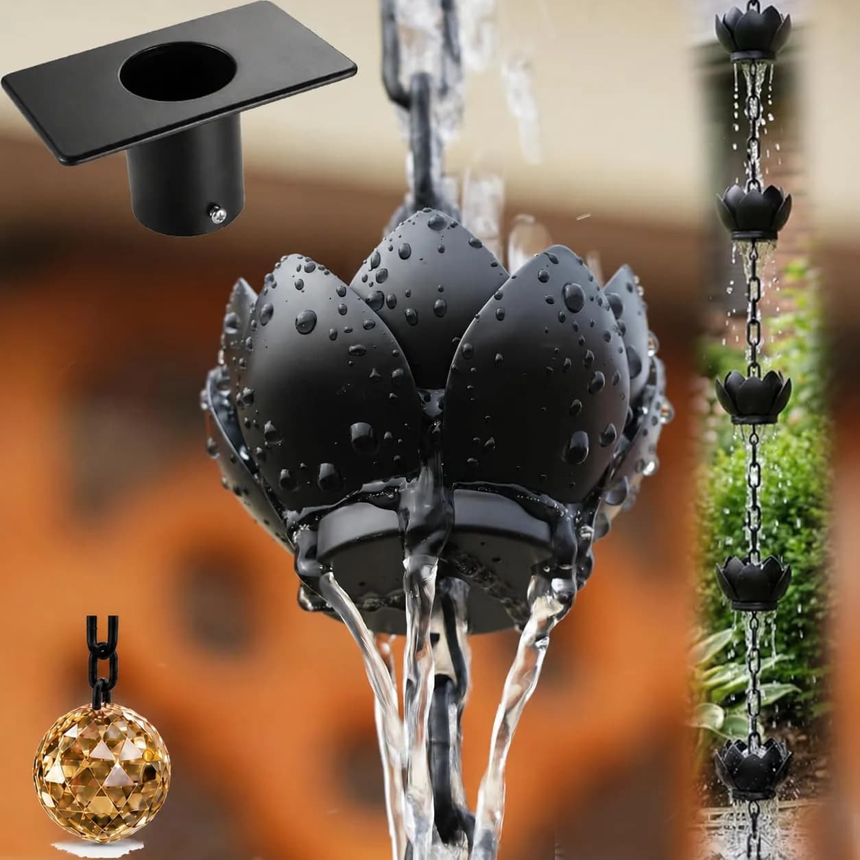 Wellrain Black Lotus Rain Chain 2.59 m (8.5 FT) with 12 Cups | Decorative Gutter Downspout Replacement for Gardens & Patios — Black