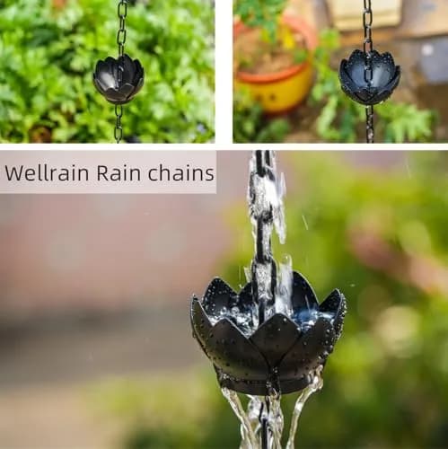 Wellrain Black Lotus Rain Chain 2 Pack 2.6m (8.5 FT) | Decorative Gutter Downspout Replacement with Crystal Pendant thumbnail 4