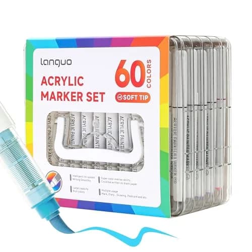 languo 60 Colors Acrylic Paint Markers, Brush Tip, Direct Liquid Ink | Water-Based, 1-5mm Lines, Waterproof thumbnail 1