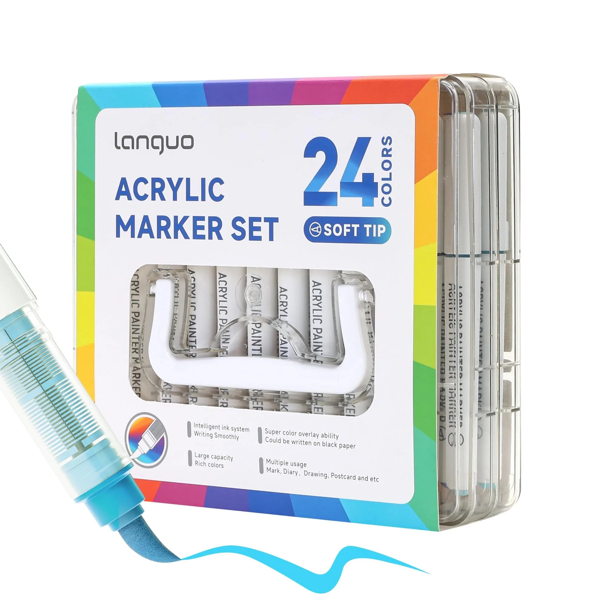 languo 60 Colors Acrylic Paint Markers, Brush Tip, Direct Liquid Ink | Water-Based, 1-5mm Lines, Waterproof — 24 Colors
