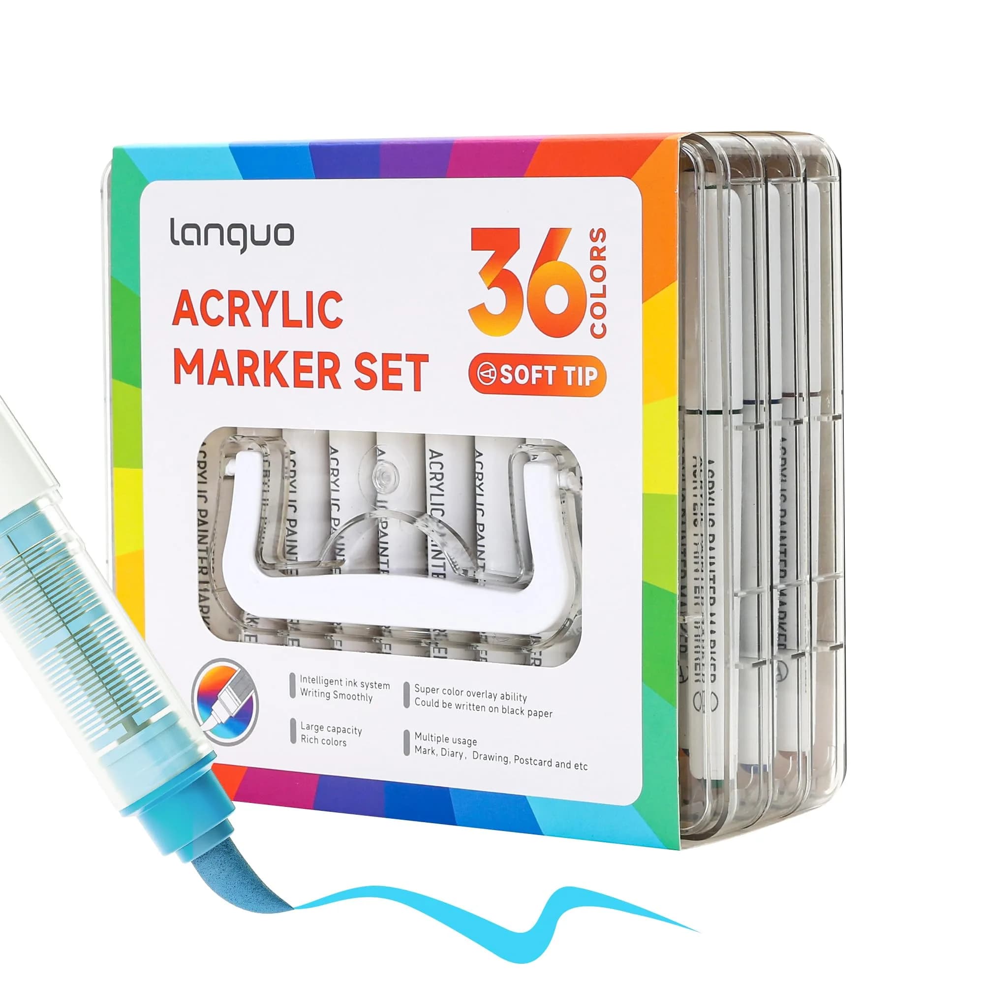 languo 60 Colors Acrylic Paint Markers, Brush Tip, Direct Liquid Ink | Water-Based, 1-5mm Lines, Waterproof — 36 Colors