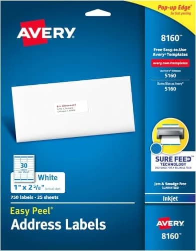Avery Easy Peel Address Labels 1" x 2-5/8" (Pack of 5, 3750 Labels Total) | Sure Feed Technology for Jam-Free Printing thumbnail 1