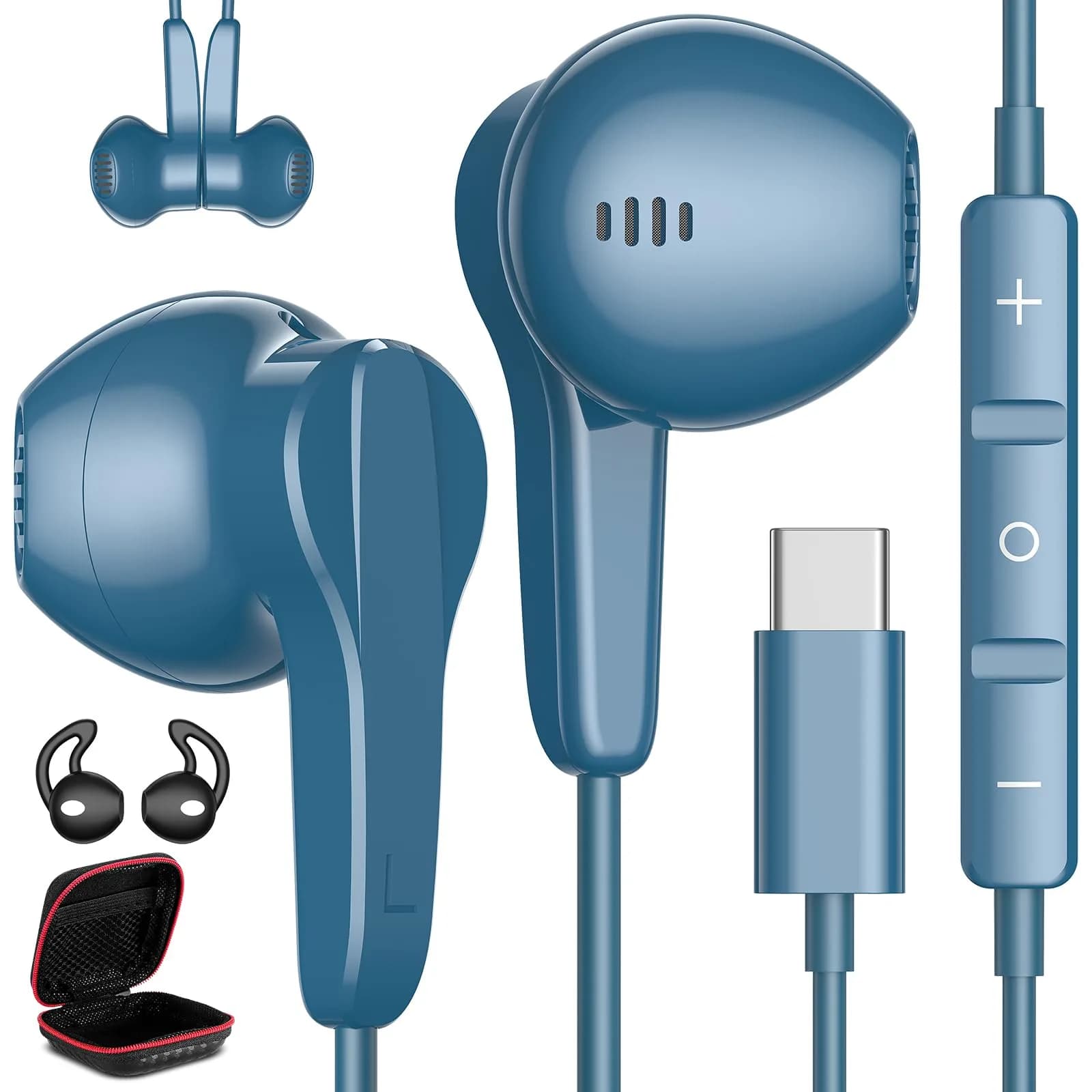 ASKUBSKU Wired Type C Headphones White | Noise Isolating, Deep Bass, Universal Compatibility — LakeBlue