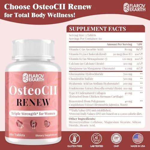 Flarovexarith OsteoCII Renew Triple Strength Joint Supplement for Women 180 Tablets | Collagen, Glucosamine, Chondroitin, Calcium, Vitamin D3 thumbnail 2