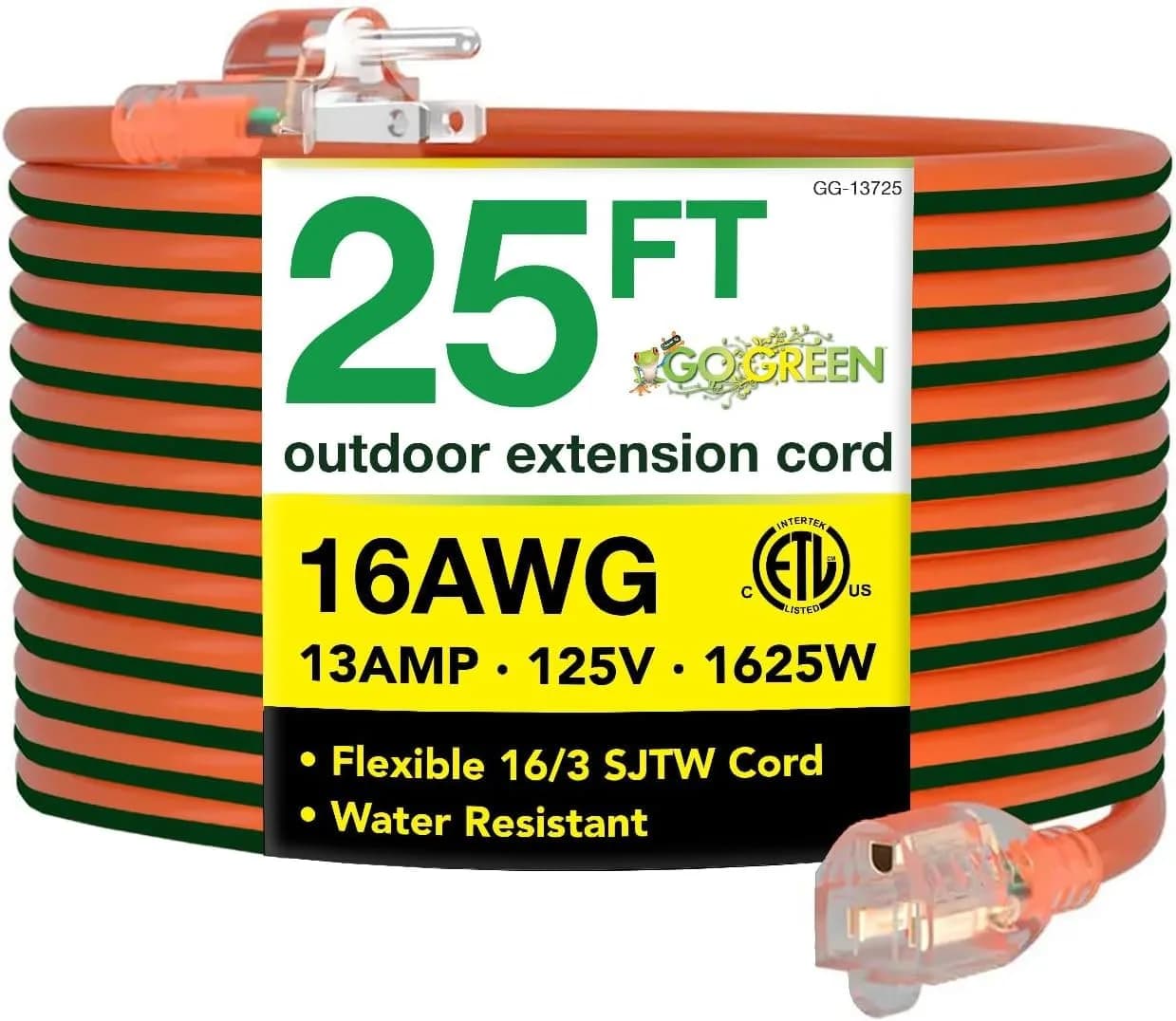 GoGreen Power GG-13725 25 ft (7.62 m) Outdoor Extension Cord with Lighted End | Heavy Duty Contractor Grade 16/3 SJTW — Orange